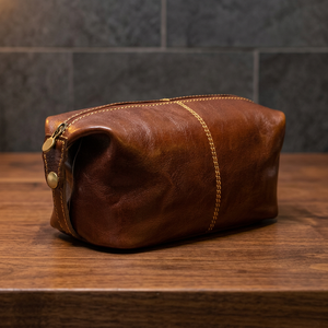 Étui à cosmétiques en cuir véritable Crazy Horse, taille moyenne, vintage, avec fermeture éclair, poignée souple, durable, portable - Product Image 1