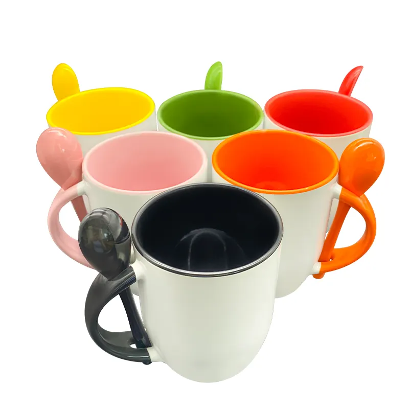 With Handle Ceramic Colorful Inside Wholesale Sublimation Mug Coffee Cup With Spoon