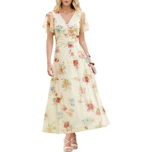 Vestido largo floral de verano para mujer, cuello en V, manga corta, línea A, cintura imperio, tul, para playa, vacaciones, fiesta - Product Image 1