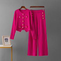 Ensemble Hiver Personnalisé pour Femme, Deux Pièces, Cardigan en Maille Boutons Dorés, Pantalon Large Couleur Unie