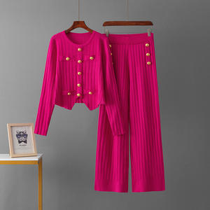 Custom Winter Clothes for Women Two Piece Set Knitted <b>Cardigan</b> Suit Gold Button Solid Color Wide Legging - Product Image 3