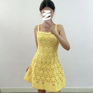 Robe de Soirée Élégante, Style Romantique Français, Broderie Crochetée, Bretelles Tricotées à la Taille, Coupe Trapèze, Robe Courte de Haute Qualité - Product Image 1