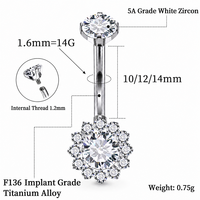 Anneau de nombril en alliage de titane F136, 14G, motif fleur en zircone, bijou de piercing de nombril à filetage interne