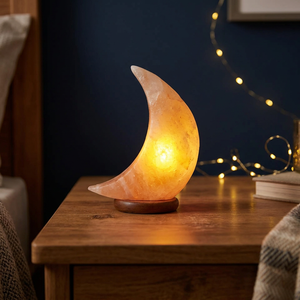 Beautiful Handcrafted Himalayan Pink Salt Moon Shaped Lamp Wooden Base Polished Natural Crafts Carved Love Design Moon lamp - Product Image 1