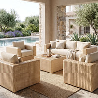 Ensemble de canapés de patio haut de gamme en rotin carré entièrement enveloppé, mobilier d'extérieur moderne en aluminium pour terrasse de complexe hôtelier