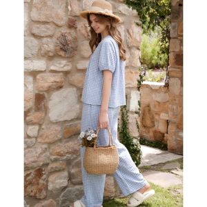 Pijamas de gingham para mujer, conjunto de 2 piezas, top Henley de manga corta, pantalones de pierna ancha, ropa de dormir suave tejida, ropa informal para estar en casa. - Product Image 3