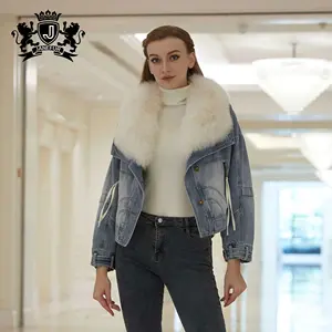 Janefur 2024 yeni Denim kumaş moda kısa bayan rahat tilki kürk yaka aşağı ceket düğmesi Placket