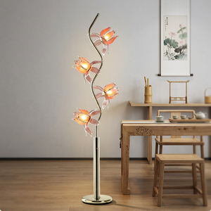Modern Floral <b>Floor</b> <b>Lamp</b>, 4 lotus fixtures, curved golden S rod, gradient acrylic petals, warm LED <b>lamp</b> <b>for</b> living spaces - Product Image 1