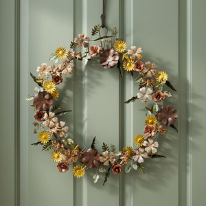 Corona floral metálica rústica hecha a mano, redonda, decorativa, con flores secas y cintas para decoración del hogar - Product Image 2