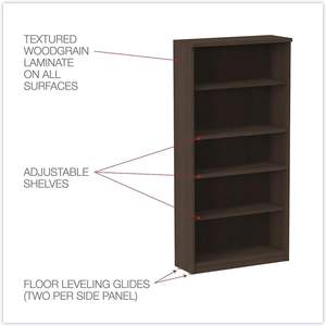Librería Alera Valencia Series Espresso de cinco estantes, 31.75w x 14d x 64.75h, elegantes estanterías para libros - Product Image 6