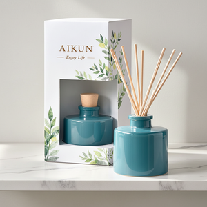 Diffuseur longue durée Aikun, flacon rond turquoise 150 ml, logo par transfert d'eau, parfum au choix, livraison en 7 jours, avec boîte fenêtrée à motif feuille - Product Image 1