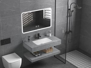 Meuble-lavabo mural moderne avec double vasque intégrée en marbre <span class=keywords><strong>et</strong></span> miroir LED pour petite <span class=keywords><strong>salle</strong></span> <span class=keywords><strong>de</strong></span> <span class=keywords><strong>bain</strong></span> - Product Image 2