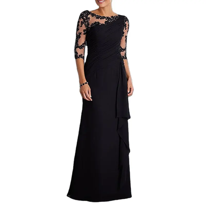 2022 Black Mother of the Bride Dresses with 3/4 Sleeves Appliques Chiffon Mother Evening Dresses For weddings Party Guests Gowns