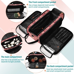 Bolsa de Maquillaje Portátil a Cuadros Rojos de Moda con Dos Compartimentos con Cremallera, Bolsa de Cosméticos Grande de Viaje, Bolsa con Cremallera Floral Personalizada con Logotipo - Product Image 4