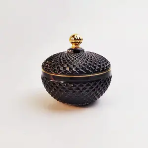 4盎司7盎司黑色圆形钻石图案豪华独特玻璃蜡烛罐带玻璃盖
