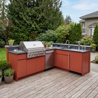 Ensemble d'armoires de cuisine extérieures en acier inoxydable en forme de L, en terre cuite, sur mesure, de la marque Hyrley Factory, pour terrasse de jardin, avec barbecue à gaz et évier