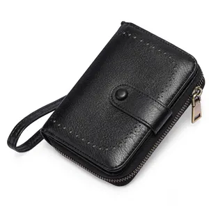 新款女式皮革钱包小型紧凑型射频识别阻挡信用卡箱包带拉链口袋皮革双折钱包