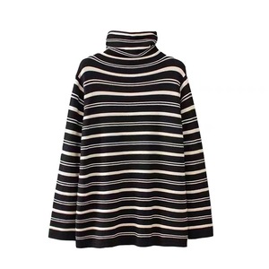 Women's Striped Turtleneck Sweater Long Sleeve Black Polyester Autumn Winter Top - Product Image 5