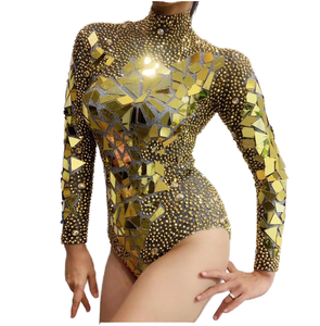 Combinaison de danse orientale pour femme, ornée de strass dorés brillants et de miroirs, tenue de fête d'anniversaire, de spectacle pour chanteuse de bar DS - Product Image 1