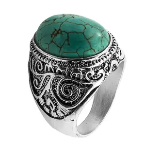 HK Size Oval Turquoise Stone Greek Vintage Men Women Ring Jewelry Gift Finger Ring Alloy Gemstone Tibet Nepal Turkish
