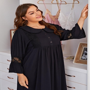 KISS ME ANGEL Pyjamas grande taille 1XL-4XL, chemise de nuit à manches longues avec col bébé, dentelle élégante, vêtements de nuit noirs pour femmes - Product Image 1