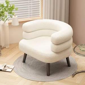 Fauteuil pouf en laine d'agneau blanc cassé capitonné avec dossier, chaise de chambre et tabouret de maquillage - Product Image 2