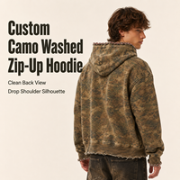 IKDEER Sweat à capuche zippé personnalisé en camouflage intégral, délavé, avec ourlet et poignets bruts, coupe oversize et carrée, vêtement d'extérieur décontracté pour homme