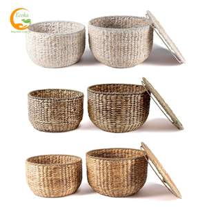 Vente en gros de paniers de rangement en forme de cercle en jacinthe d'eau naturelle écologique couvercle en bois Design moderne pour cuisine salon vêtements - Product Image 3