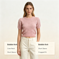 Pull en maille décontracté à manches courtes de couleur rose de haute qualité Filippa Custom Pormporm Pointelle, vente en gros OEM & ODM