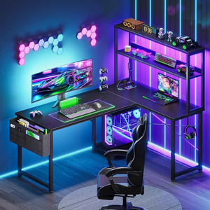 Grand bureau d'<span class=keywords><strong>ordinateur</strong></span> de bureau réversible en forme de L <span class=keywords><strong>pliable</strong></span> bureau de jeu accompagné de lumière LED <span class=keywords><strong>plateau</strong></span> de clavier de panneau perforé de prise de courant - Product Image 4