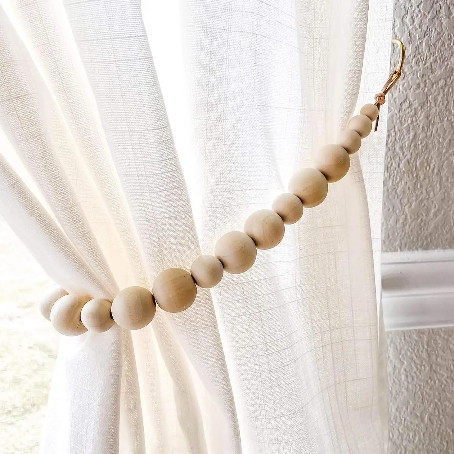 Lot de 2 accessoires de décoration bohème perles en bois décoratives de ferme guirlande drapé embrasses de rideaux en bois naturel