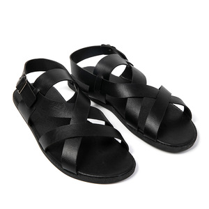 Sandales plates pour hommes, bout rond, couleur unie, sangle à boucle, antidérapantes, doublure en cuir véritable, talon plat, chaussures à bride arrière - Product Image 2