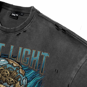 T-shirts pour hommes vintage délavés à l'acide, manches courtes, effet vieilli, qualité supérieure, impression personnalisée sur le panneau avant en coton, col rond, streetwear - Product Image 4