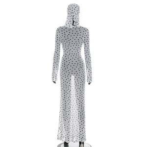 Viviblook D26DS135 Women Summer Casual Dress Sexy <b>Perspective</b> Polka Dot Print Mesh Headband Long Sleeved Dress - Product Image 2