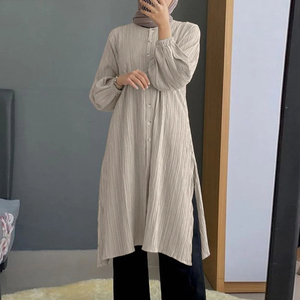 2024 turquie Abaya islamique vêtements Blusas <span class=keywords><strong>Femme</strong></span> casual solide boutons chemise musulman longs hauts femmes mode à manches longues Blouse - Product Image 1