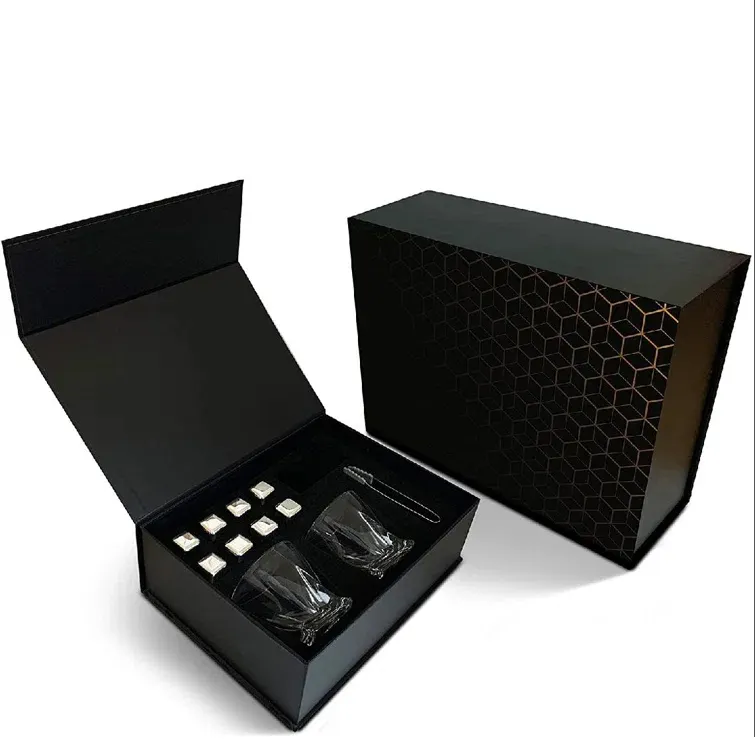 High Quality Ice Cube Whiskey Glass Gift Box Rigid Cardboard Packaging Wine Bottle Rock Whiskey Decanter Set Gift Box