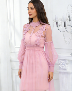 Robe décontractée Joyinspring d'été style français, col rond, en dentelle violet brumeux, coupe trapèze, longueur genou, manches lanternes - Product Image 5