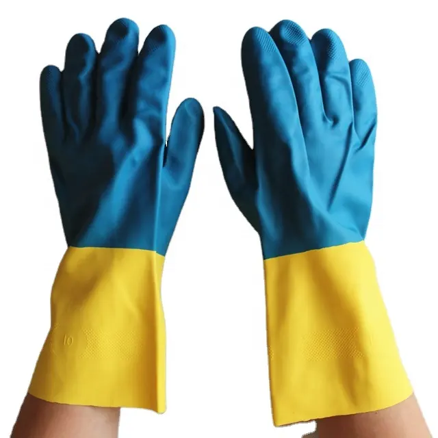 파란색 네오프렌과 노란색 라텍스 담근 내화학성 장갑을 선회하십시오