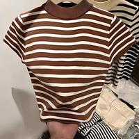 Haut court décontracté d'été pour femme, taille unique, col rond, manches courtes, rayé, tricoté en polyester, respirant et à séchage rapide, vente en gros