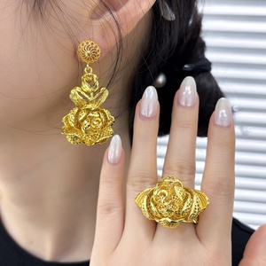 JXX 4pcs/<b>Set</b> 24k Gold-Plated Brass <b>Set</b> Wedding <b>Set</b> Including Necklace Earring Bangle <b>Ring</b> <b>for</b> <b>Women</b> <b>for</b> Middle East India - Product Image 1