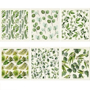 Serviettes à vaisselle de cuisine suédoise avec feuille <span class=keywords><strong>verte</strong></span> élégante et fraîche Six Pack Series <span class=keywords><strong>Serviette</strong></span> <span class=keywords><strong>en</strong></span> <span class=keywords><strong>papier</strong></span> réutilisable <span class=keywords><strong>en</strong></span> coton éponge - Product Image 1