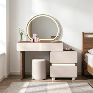 Coiffeuse minimaliste moderne avec miroir ovale éclairé et tiroirs de rangement, table de maquillage pour chambre à coucher avec tabouret - Product Image 1