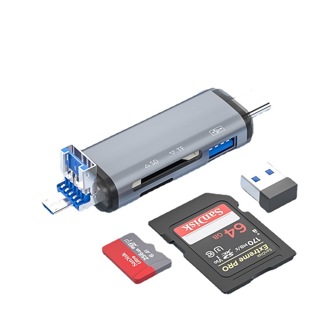 Multi Function 6-in-1 OTG SD/TF Card Reader USB 3.0 Type-C Aluminum Alloy for Mobile Phone Laptop & Computer