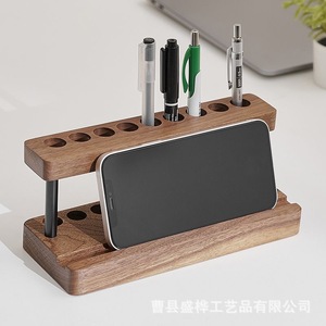 Wooden Desktop Pen Holder Phone Stand Square <b>Solid</b> <b>Wood</b> Storage Rack Office <b>Desk</b> Organizer With Digital Printing Logo - Product Image 2