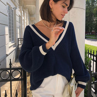 Pulls décontractés pour femmes, style preppy, col en V, tricotés, amples, grandes tailles, collection automne-hiver