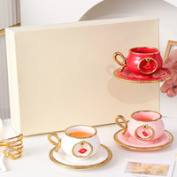 Tasses à fleurs en céramique de luxe arabes Ensemble de table à café de style européen Ensemble de 6 tasses à café et soucoupe avec boîte-cadeau