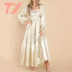 TUOYI Girl Gold Maxi Dress Square Neckline High Class Gorgeous Skirt Single Tier Dresses