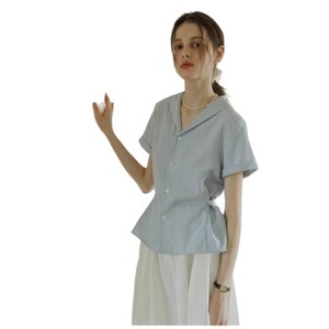 Chemise boutonnée à manches courtes rayée bleue col marin style français pour femme, collection été 2026, style preppy, haut t-shirt - Product Image 4