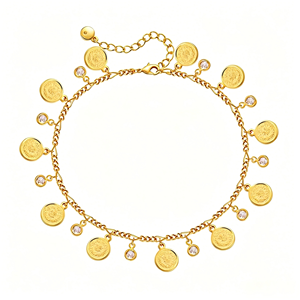 Chaîne de cheville bohème ajustable en cuivre plaqué <span class=keywords><strong>or</strong></span> 18 carats avec pendentif pièce de monnaie et zircon transparent, cadeau pour <span class=keywords><strong>femme</strong></span> - Product Image 1