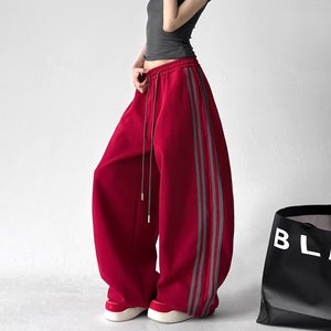 Pantalones de chándal anchos rojos para mujer 2026, nuevos pantalones casuales de cintura alta a rayas, holgados, estilo urbano, para damas - Product Image 1